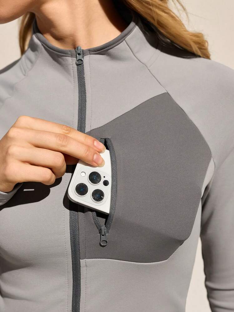 Easithlete 女式秋冬拼色插肩袖拉链口袋修身户外夹克 - 灰色 - 查看 1