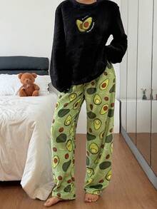 SHEIN Avocado Embroidered Fluffy Sweatshirt And Flannel Printed Pants Women Cozy Pajama Set, Winter Clothes