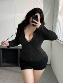 Vibekara Áo thun tay dài có khóa kéo bằng vải nỉ gân cỡ lớn - màu đen - Xem 5