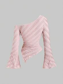 Sweetra 女士新款春夏秋休闲通勤旅行衬衫，纹理面料，不对称肩部，喇叭袖，不对称下摆，腰部金属装饰 - 粉色 - 查看 2