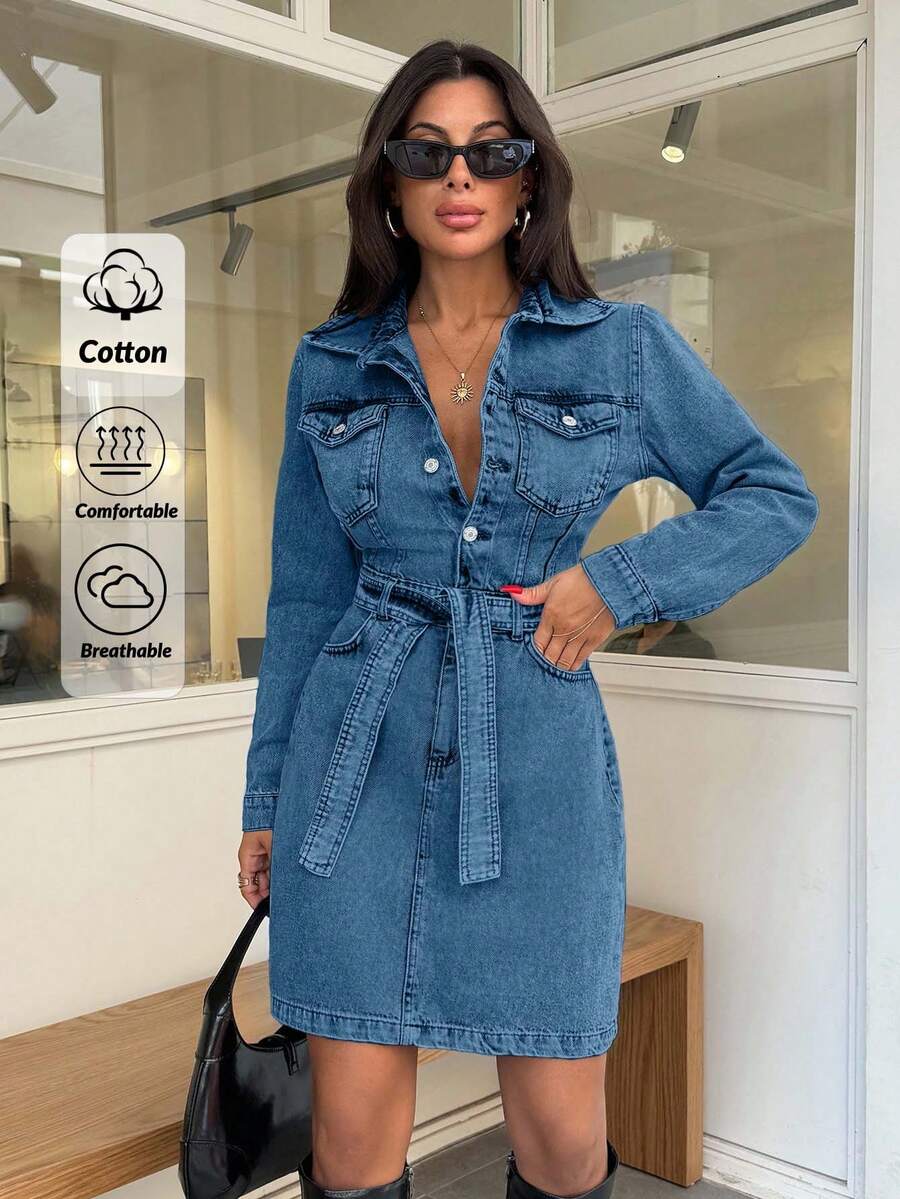 EURMUSE Mini Button And Belt Detailed Rigid Denim Dress