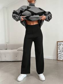 EURMUSE 2pcs Women Geometric Pattern Stand Collar Drop Shoulder Long Sleeve Casual Sweater & Knit Pants Set, Autumn/Winter - Grey - View 3