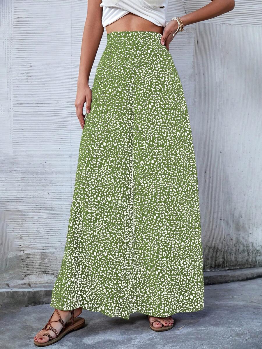 Breezaya Women's Casual Vacation All-Over Print High Waist Wide Leg Pants - Green - View 1