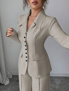 Elenzga Women's Apricot Thick Fabric V-Neck Blazer Design Black Contrast Button Fake Pocket Teacher Uniform Elegant Professional Outfit, Thanksgiving Halloween Atmosphere, Autumn New Arrival Fashion Essential High-End Dignified Long Sleeve Waist Cinched Loose Straight Leg Pants Two Pieces Set - Khaki - View 5