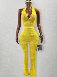 BamGleam Bộ đồ liền thân ren cổ chữ V sâu cho nữ - Màu vàng - Xem 1