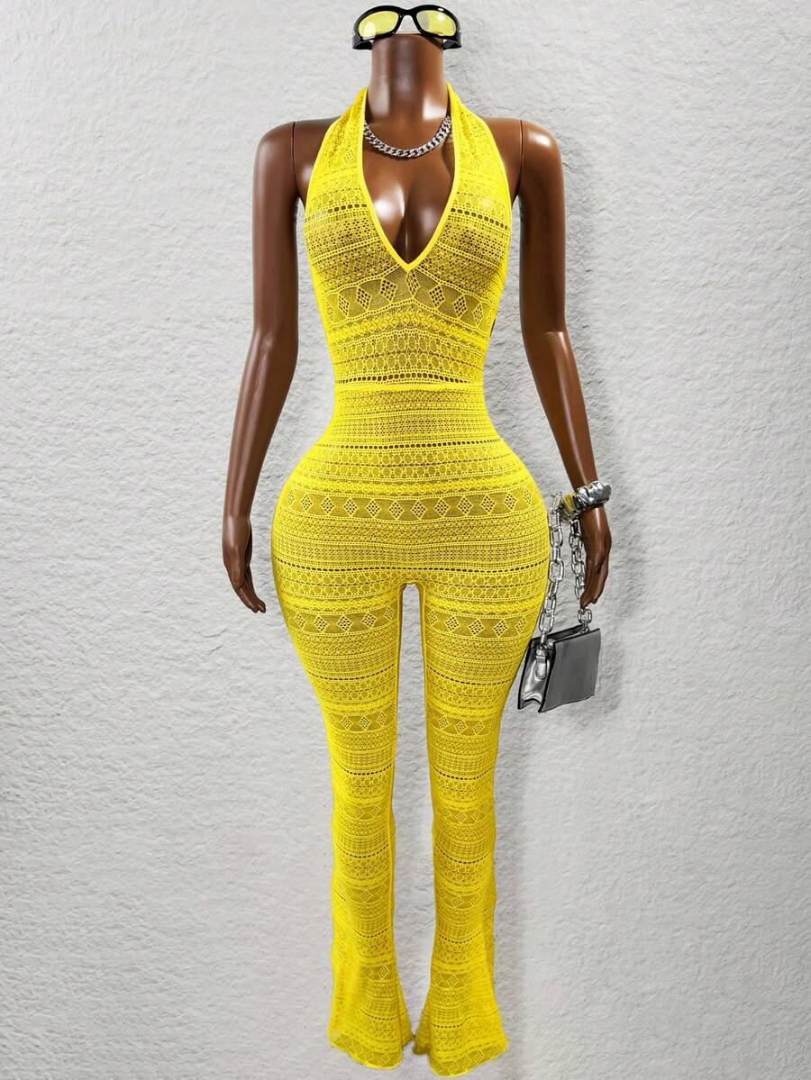 BamGleam Bộ đồ liền thân ren cổ chữ V sâu cho nữ - Màu vàng - Xem 1