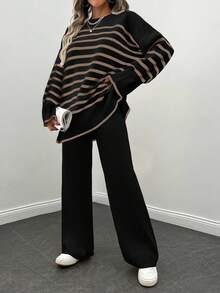 2pcs Women Casual Everyday Loose Drop Shoulder Striped Pullover Sweater And Straight Knit Pants Set - Black - View 3