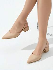 Sandalias de tacón bajo para mujer estilo sencillo moderno diseño de punta fina material PU acabado delicado ajuste ceñido punta redonda sin manga primavera verano oficina casual - Albaricoque - Ver 2