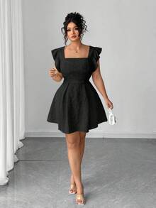 Elenzga Elegant Jacquard Ruffle Hem Dress In Light Yellow - Black - View 3