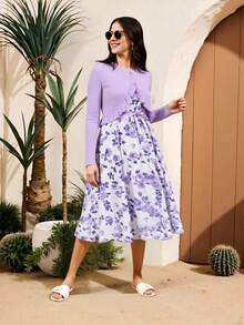 2 件套优雅少女开襟夹克和印花连衣裙套装，适合度假、夏季、旅行 - 淡紫色 - 查看 1