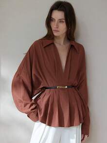 Aveloria Modichic Áo sơ mi dài tay thời trang đơn sắc xếp ly thường ngày đa năng dành cho nữ - màu nâu - Xem 1