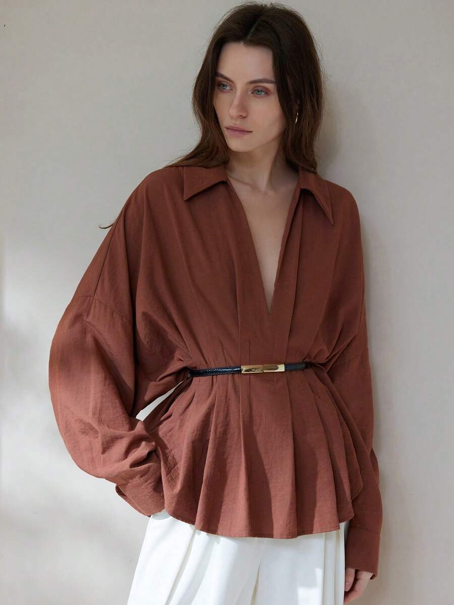 Aveloria Modichic Áo sơ mi dài tay thời trang đơn sắc xếp ly thường ngày đa năng dành cho nữ - màu nâu - Xem 1