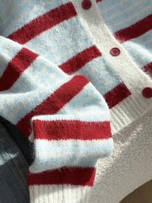 Resyla Plus Size Casual Colorblock Button-Up Crew Neck Cardigan, Autumn/Winter - Beige - View 4