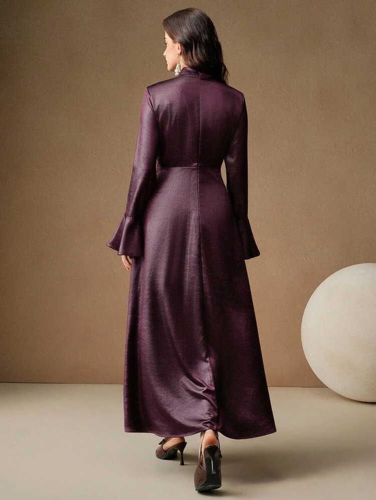Vestido de manga larga con cuello de corbata, manga acampanada y plisado, elegante y vintage para mujer, otoño/invierno