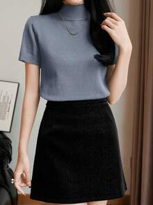 Almamuse 女士休闲日常通勤简约纯色高领短袖宽松针织上衣，秋冬 - 灰色 - 查看 6