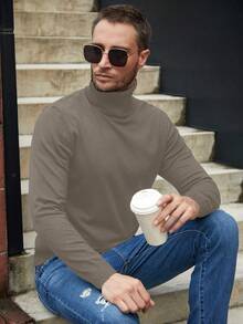 Manfinity Homme Men's Solid Color Minimalist Turtleneck Long Sleeve Knit Sweater, Casual Everyday Wear, Fall/Winter - Maroon - View 4