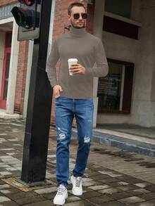 Manfinity Homme Men's Solid Color Minimalist Turtleneck Long Sleeve Knit Sweater, Casual Everyday Wear, Fall/Winter - Maroon - View 5
