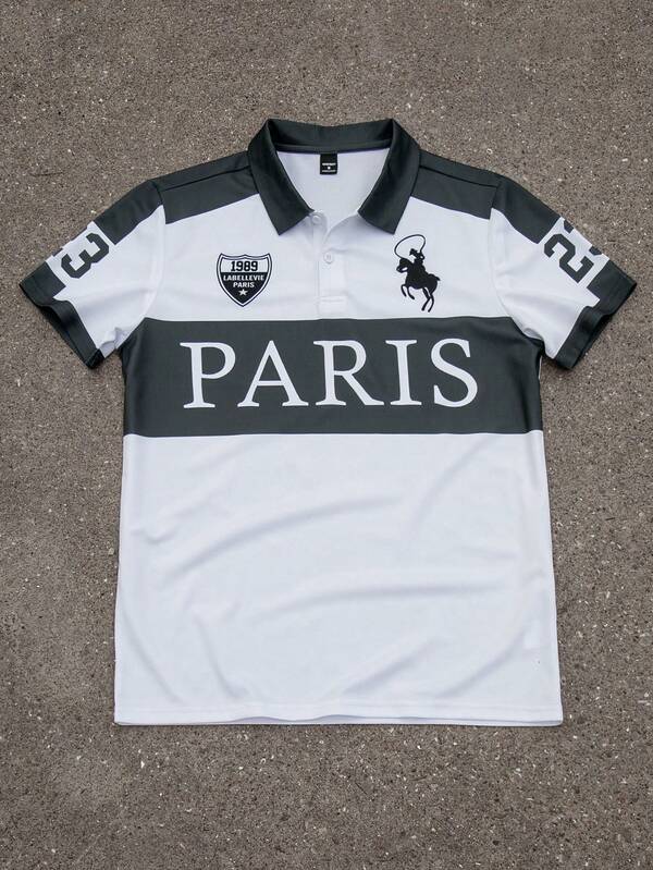 Manfinity Sporsity Camisa polo de manga corta casual con media cremallera y contraste de colores, camisa polo de verano de estilo universitario con patrón, camisa polo de París, camisa de rugby, polo para hombre, ropa de invierno para hombre, regalo perfecto para el novio, muy de moda para el streetwear, el campus y el estilo universitario de Halloween