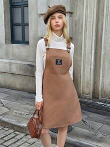 Teen Girl Corduroy Loose Sleeveless Solid Color Pinafore Dress + White Undershirt - Multicolor - View 5