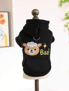 PETSIN 1 件宠物服装，可爱刺绣绵羊黑色秋冬保暖连帽衫，猫狗穿着口袋温暖舒适的外套 - 黑色 - 查看 7