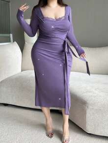 Flirla Vibekara-D Plus Size Women's Elegant Vintage Plunging Neck Fitted Long Sleeve Purple Autumn Birthday Dress, Belted Waist Cocktail Party Dress - Purple - View 7