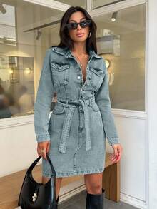EURMUSE Mini Button And Belt Detailed Rigid Denim Dress - Light Wash - View 6