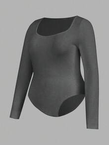 SHEIN Essnce 大码女式时尚休闲通勤商务休闲年轻商务职业内衣两件套，黑色、酒红色、锚红色多件套紧身包臀方领长袖连体衣 - 深灰色 - 查看 5