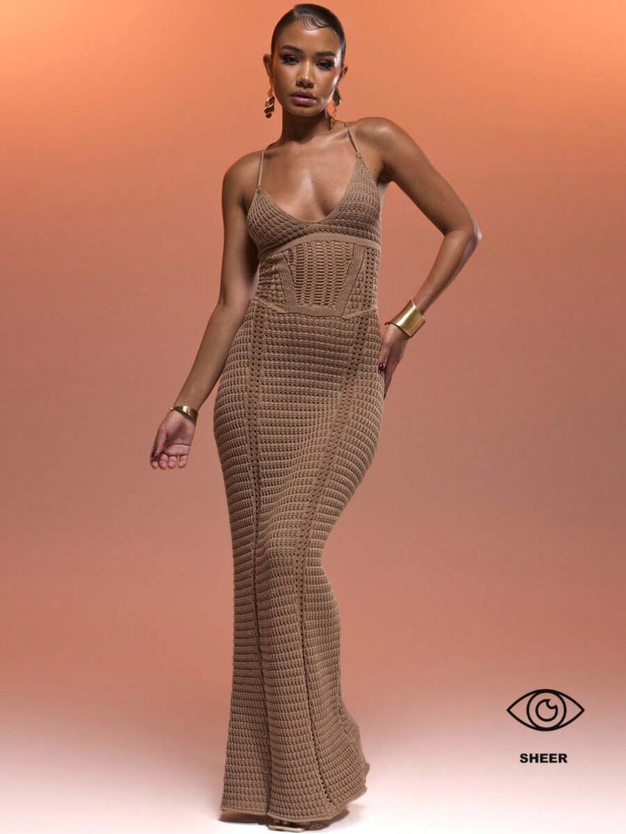 MUSERA 钩针编织露背吊带束身胸衣拼接系带露背长裙，夏季度假性感伊比沙岛风情，适合春季海滩度假，优雅透视女神夜生活，秋季冬季约会之夜时尚毛衣