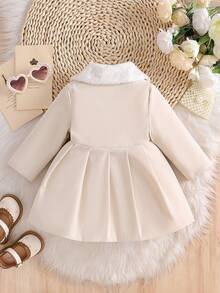 SHEIN Płaszcz typu trencz dla dziewczynek z kołnierzem ze sztucznego futra i kokardą, jesień/zima - Beżowy - Zobacz 2