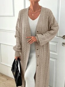 EURMUSE Women's Casual Daily Solid Color Simple Cable Knit Button Front Long Cardigan, Autumn/Winter - Beige - View 4