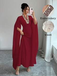 Rafferiza 女士纯色优雅端庄 V 领刺绣开叉长袖超长连衣裙，适合宴会、日常穿着，简约 - 紅色 - 查看 4