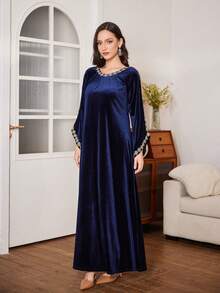 Al Najma 海军蓝色奢华天鹅绒刺绣优雅长袖连衣裙，适合正式场合，秋冬季 - 寶藍色 - 查看 7