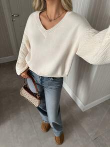 EURMUSE Einfarbiger V-Ausschnitt-Pullover mit Fledermausärmeln, lockerer Oversized-Lässig-Stil, gestrickte Tunika für Herbst/Winter, Damenpullover, Zopfstrick-Pullover, V-Ausschnitt-Pullover, Ballonärmel-Pullover, Jumper, cremefarbener Jumper, Jumper, Weihnachts-Jumper, weißer Jumper, schwarzer Jumper, Damen-Jumper, Damen-Jumper - Aprikosenfarben - Übersicht 5