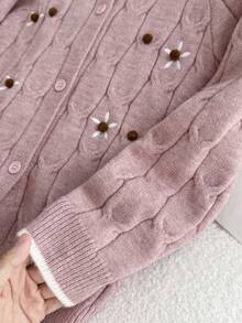 Tween Mädchen Cardigan mit Raglanärmeln, Blumenstickerei und Zopfmuster, lässiger Alltagsartikel für den Herbst