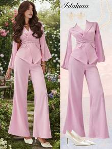 Rafferiza Bộ vest thanh lịch cho nữ, áo khoác cổ ve lật hai hàng khuy và quần ống loe màu trơn - Màu Hồng baby - Xem 1