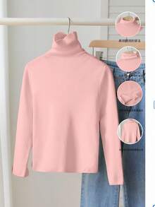 SHEIN Vintaside Kids 少女休闲纯色高领毛衣，高领女童抓绒高领毛衣，适合4岁女孩，可爱纯色冬季圣诞节万圣节毛衣，秋季套头衫 - 粉色 - 查看 1