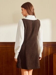 Vintamour Sukienka damska w stylu vintage, klasyczna, elegancka, dopasowana, rozkloszowana, haftowana, 2 w 1, sukienka z długim rękawem, patchworkowa sukienka w kolorze morelowo-kawowym, jesień/zima - Kawowy brązowy - Zobacz 2