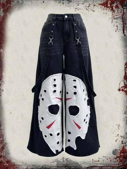 Friday the 13th X ROMWE Jeans larges à jambe ample avec ceinture, graphique surdimensionné et brodé pour femmes