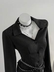 SHEIN PETITE American College Style Commuter High-Waisted Versatile Design Fitted Long Sleeve Blouse Top For Women, Autumn/Winter - Black - View 6