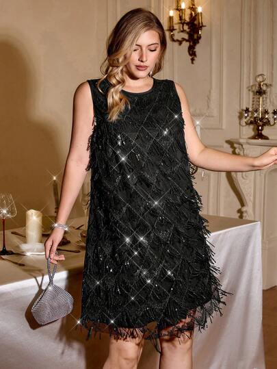 Auralis Plus Size Women's Fashion, Elegant And Comfortable Loose Shiny Sequined Black Sleeveless Sexy See-Through Dress, Party Dress, Prom Dress, Wedding, Women's Sexy Club Dress, Carnival Dress, Beaded Dress, Black Dress, Women's Concert Dress, New Year Party Dress