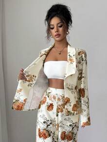 Elenzga 2 件套女式花卉印花西装领长袖开襟夹克和阔腿裤，松紧腰，时尚，百搭，优雅，春秋 - 棕色 - 查看 6