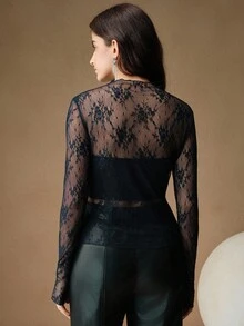 Anewsta 女士蕾丝透视拇指孔优雅衬衫，适合节日派对装 - 藏蓝色 - 查看 2