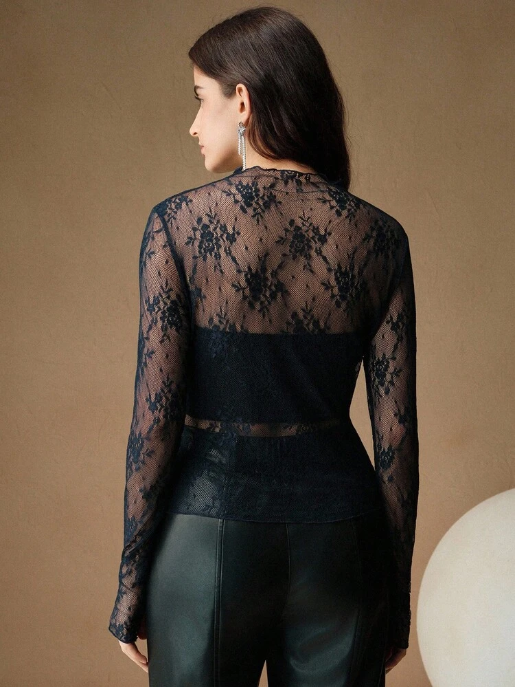 Blusa elegante de mujer con agujero para el pulgar y transparencia de encaje, adecuada para fiestas y vacaciones