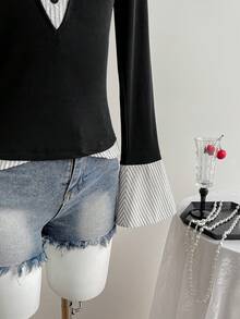 SHEIN Unity 1 件女式二合一 V 领长袖针织衬衫修身百搭衬衫，秋季 - 黑與白 - 查看 5