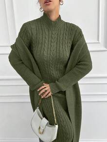 EURMUSE Đầm dài đơn giản cổ đứng màu trơn dành cho nữ & áo len cardigan tay dài, trang phục thường ngày - màu xanh lá - Xem 4