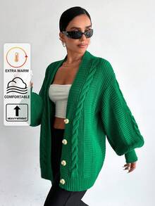 EURMUSE Cable Knit Lantern Sleeve Button Front Cardigan - Green - View 1