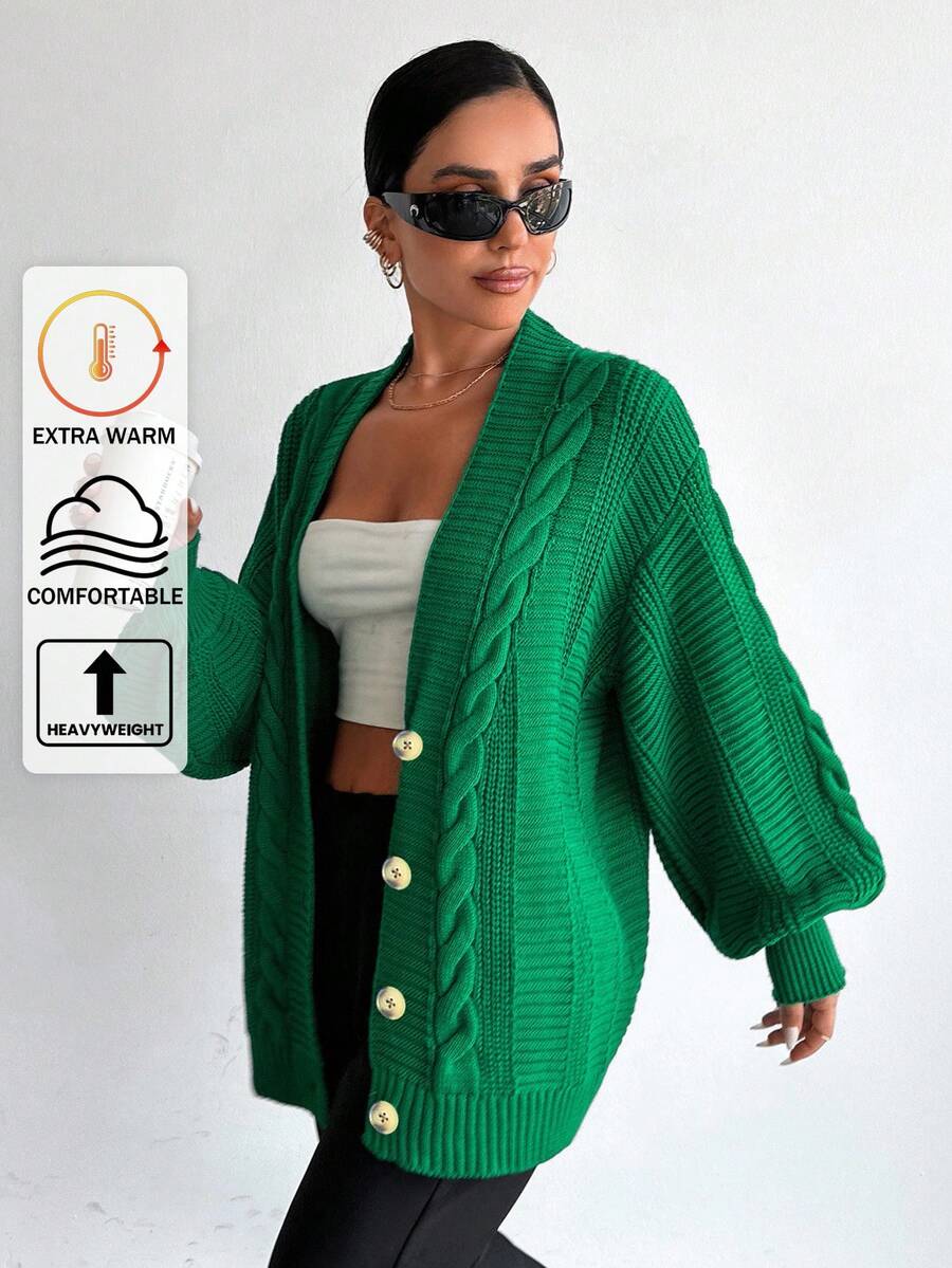 EURMUSE Cable Knit Lantern Sleeve Button Front Cardigan - Green - View 1