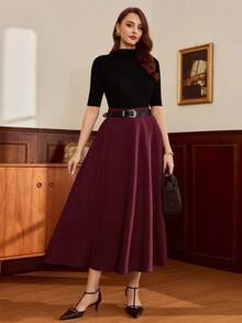 Vintamour Women's Elegant Daily Slant Pocket A-Line Wine Red Skirt, Autumn - Burgundy - View 5