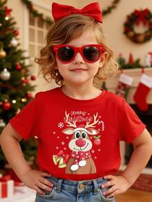 SHEIN 圣诞节圣诞快乐服装女孩休闲时尚创意卡通可爱驯鹿蝴蝶结卡通图案印花基本款短袖T恤 - 黑色 - 查看 1