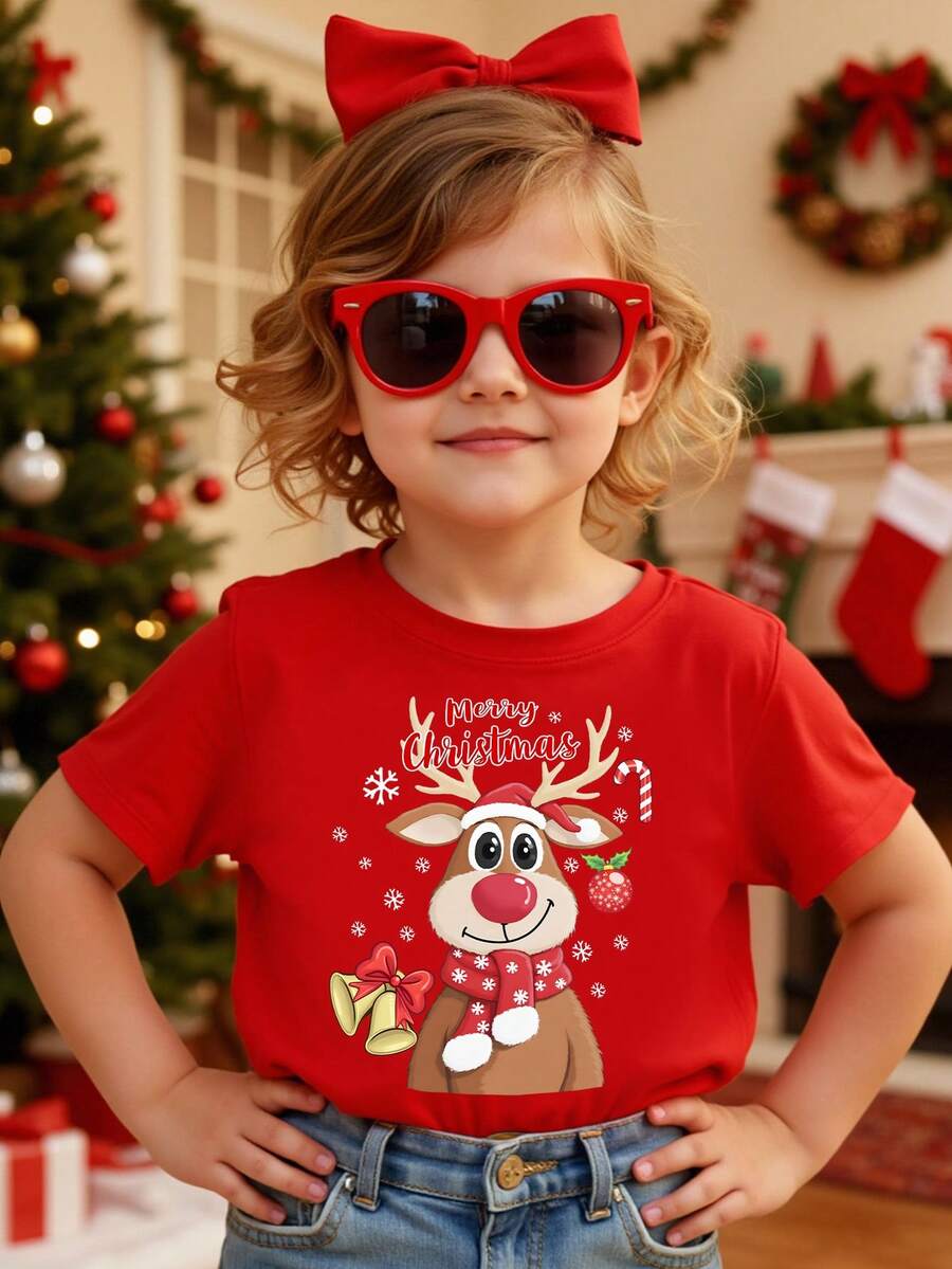 SHEIN 圣诞节圣诞快乐服装女孩休闲时尚创意卡通可爱驯鹿蝴蝶结卡通图案印花基本款短袖T恤 - 黑色 - 查看 1